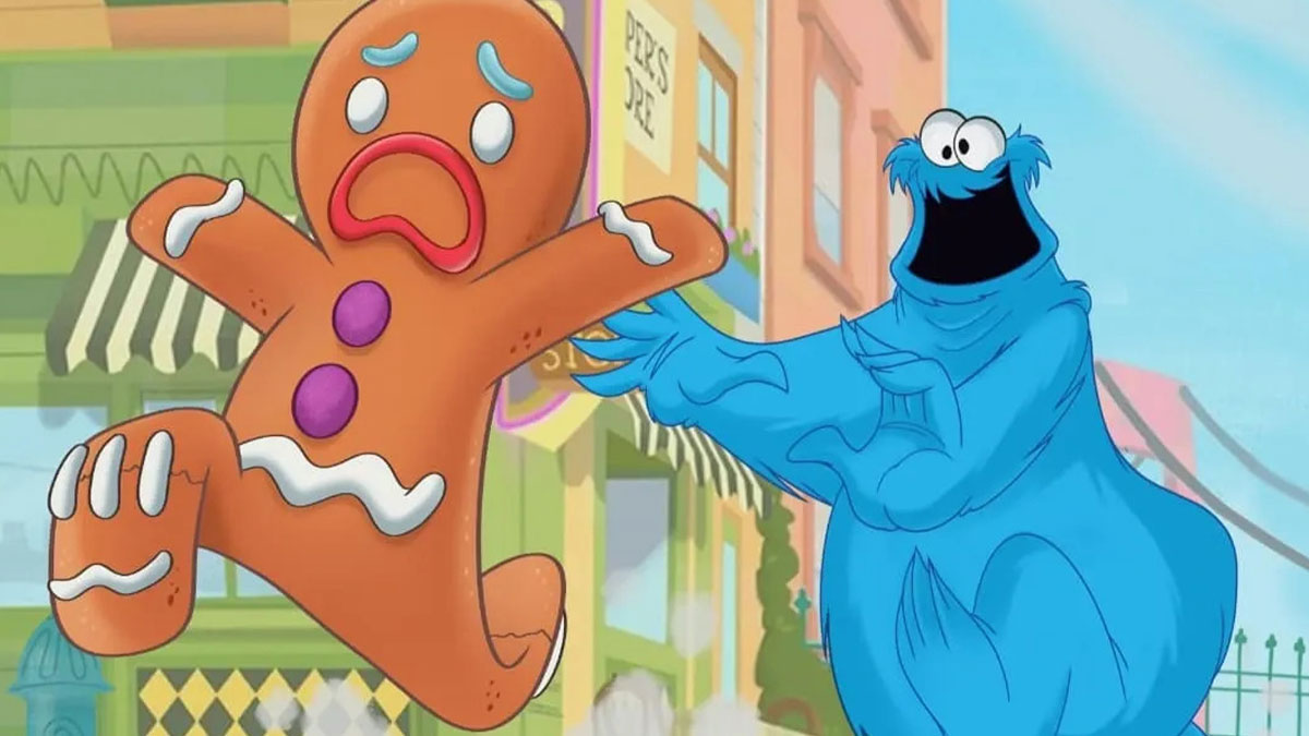 Cookie Monster dressed as Shrek chasing a scared gingerbread man in an unexpected cartoon mashup scene.