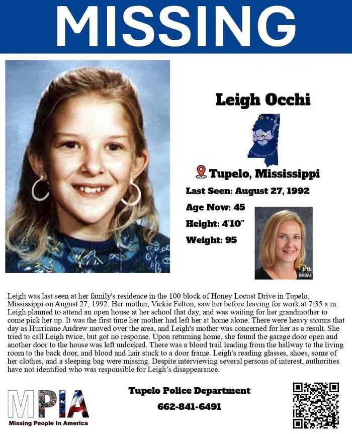 Missing person Leigh Occhi from Tupelo Mississippi, 1992 disappearance case in the 90s remains baffling and chilling.