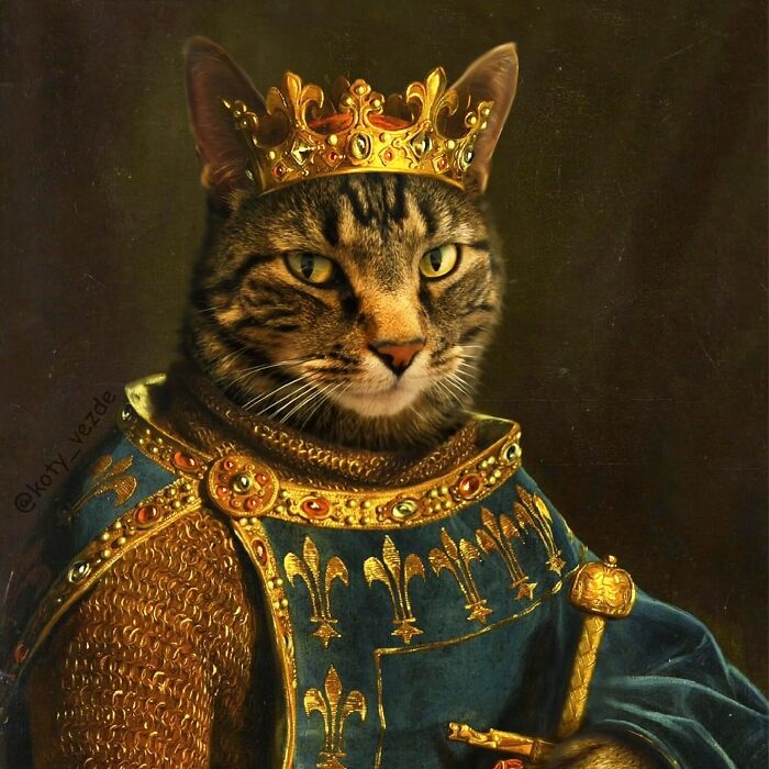 Majestic cat wearing a golden crown and royal blue medieval armor decorated with fleur-de-lis in a historical portrait style.