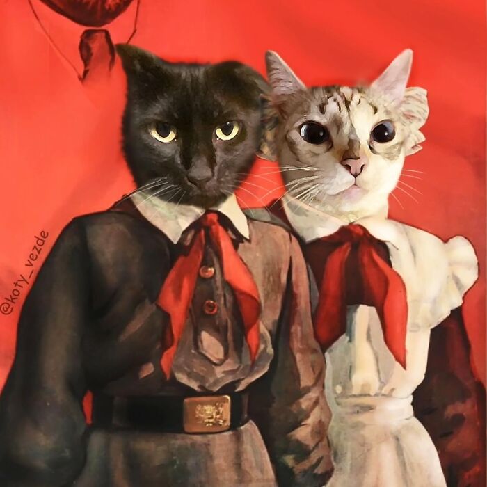 Two cats transformed into majestic figures wearing historical clothing against a red background in a portrait style.