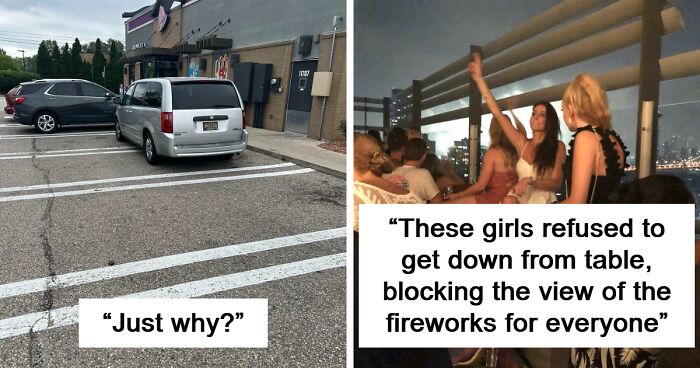 Parking lot with a van parked across multiple spaces and people blocking fireworks view, showing selfish behavior causing inconvenience.