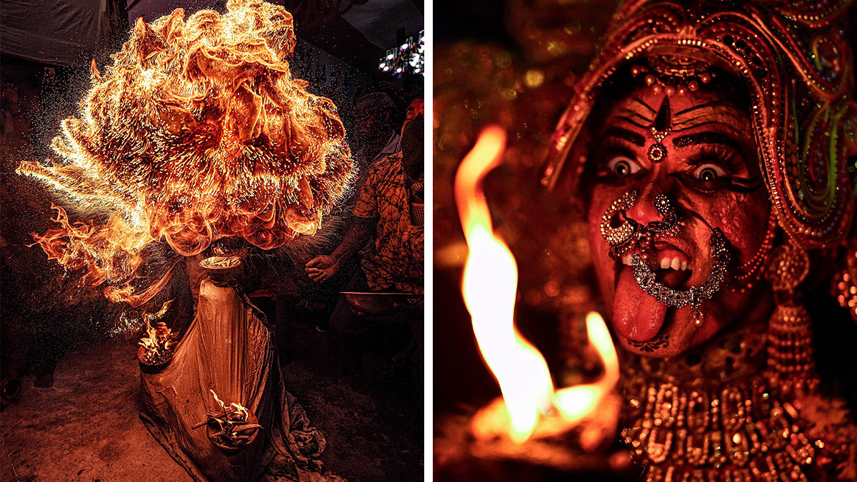 Vivid photos of India showing a dramatic fire dance and a close-up of a performer in traditional colorful makeup and jewelry.