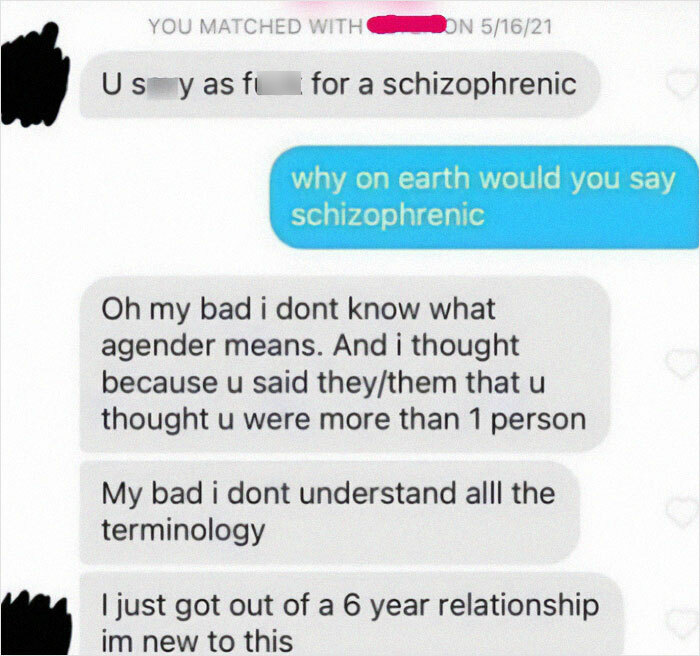 Text message conversation showing cringy men hitting on women with confusing and awkward comments about gender terminology.