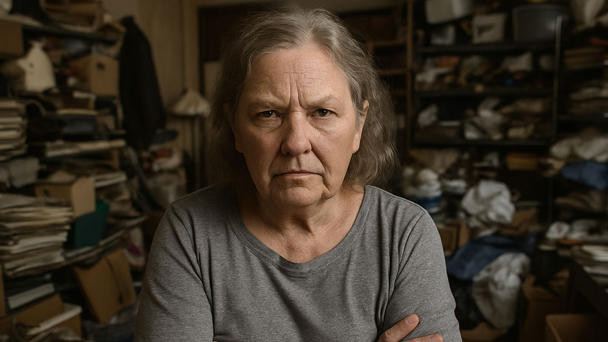Elderly woman with a stern expression in a cluttered hoarder home, symbolizing MIL squatters and legal eviction issues.