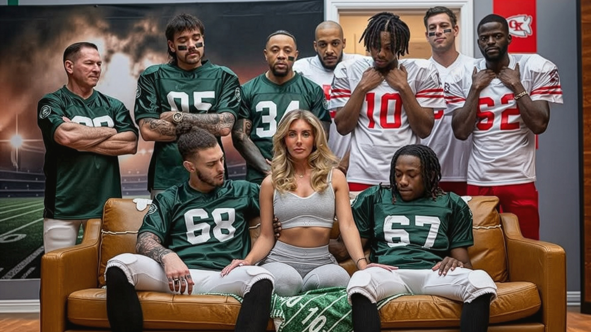 Bonnie Blue sitting on a couch surrounded by football players in green and white jerseys in a sports-themed room.