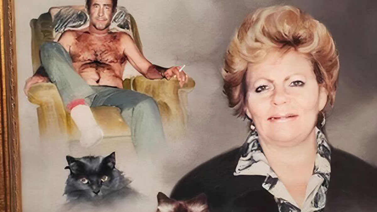 Portrait found at thrift store featuring a man, a woman, and cats with a surreal and bizarre appearance.