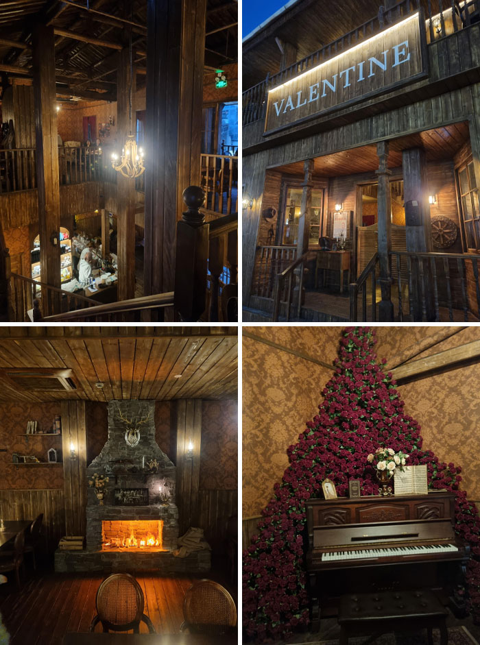 Rustic bar and restaurant interior with wooden beams, cozy fireplace, and creative floral piano design for unique dining experience.