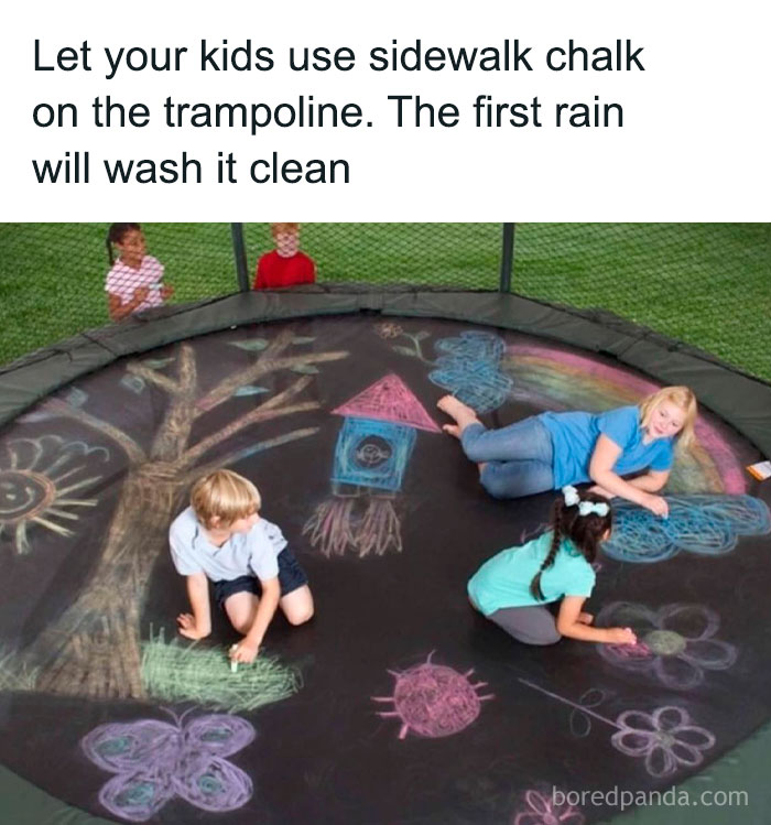 Children using sidewalk chalk on a trampoline, showcasing ingenious crafty ideas for fun and creative outdoor activities.