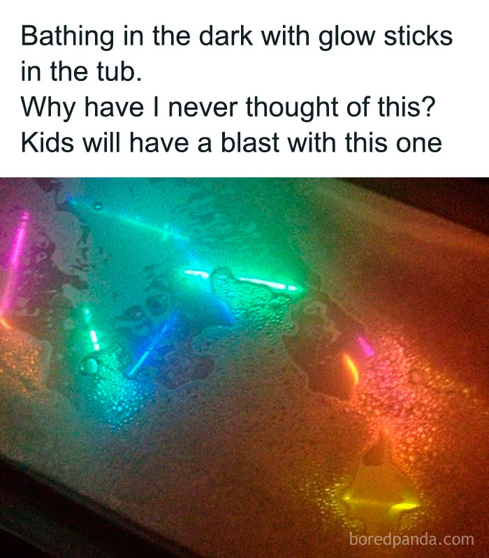 Bathing in the dark with colorful glow sticks in the tub, a fun and crafty idea for kids to enjoy.
