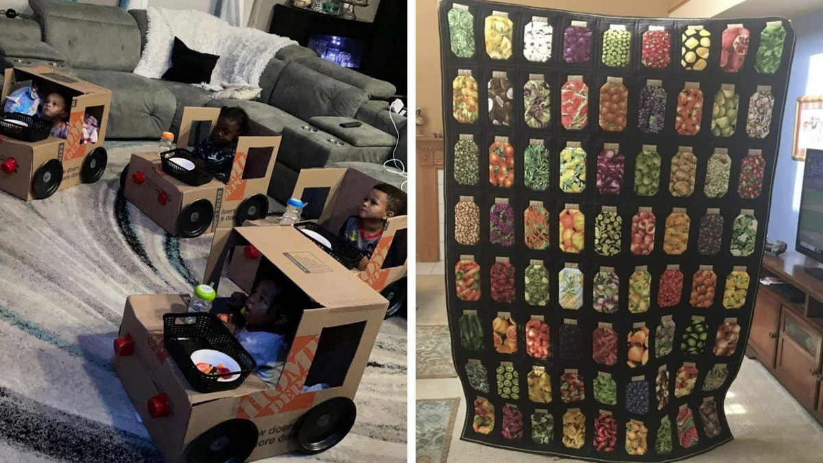 Kids playing inside cardboard boxes made into cars and a colorful quilt with jars of vegetables, showcasing ingenious crafty ideas.