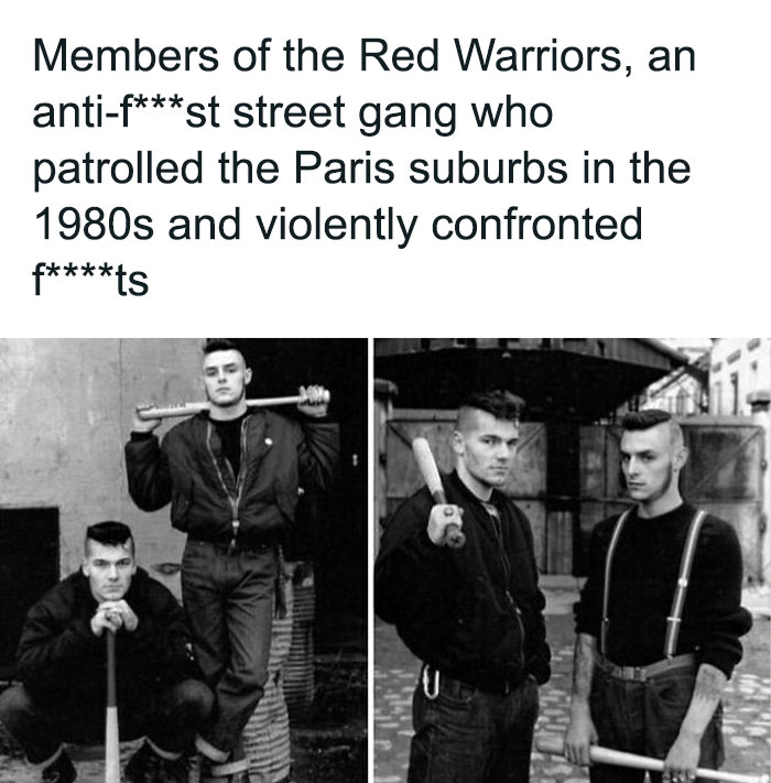 Black and white photos of Red Warriors street gang members holding bats, related to random creepy facts and sleep deprivation.