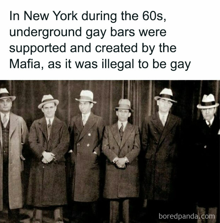 Black and white photo of men in suits and hats with text about underground gay bars supported by the Mafia in the 1960s.