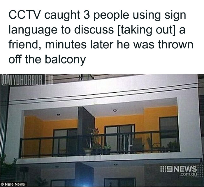 CCTV captures three people using sign language discussing m****r before victim was thrown off balcony, creepy facts.