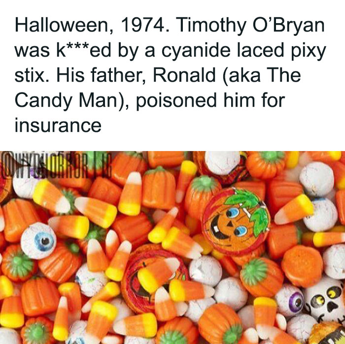 Assortment of Halloween candy with a creepy fact about a 1974 cyanide-laced Pixy Stix m****r for insurance fraud.