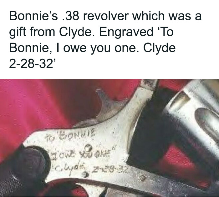 Engraved .38 revolver gifted by Clyde to Bonnie, shown in a creepy fact image to deprive somebody of sleep.