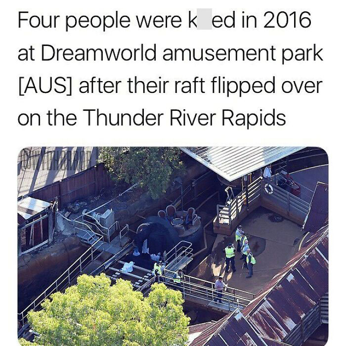 Aerial view of emergency responders at Dreamworld amusement park after a fatal Thunder River Rapids accident. Creepy facts.