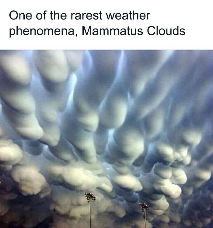 Rare mammatus clouds shown in a sky scene, one of the creepy facts featured in random creepy facts and pics.