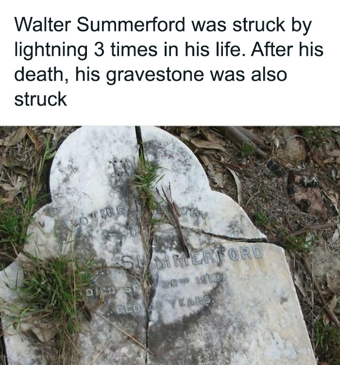 Broken gravestone of Walter Summerford who was struck by lightning three times in life and after death, creepy facts and pics.