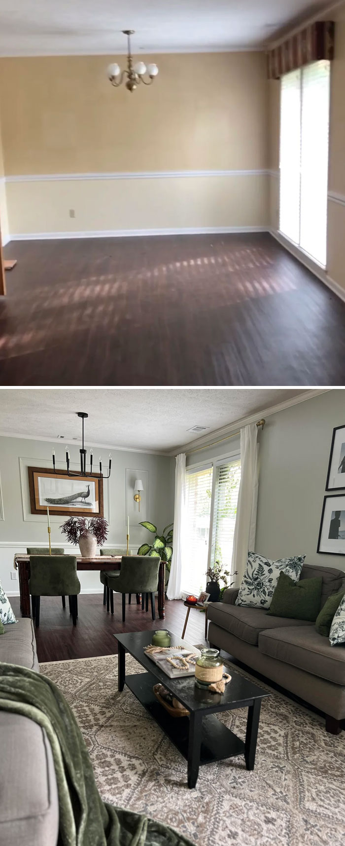 Before and after photos showing a decorated home corner with furniture and stylish decor accents.