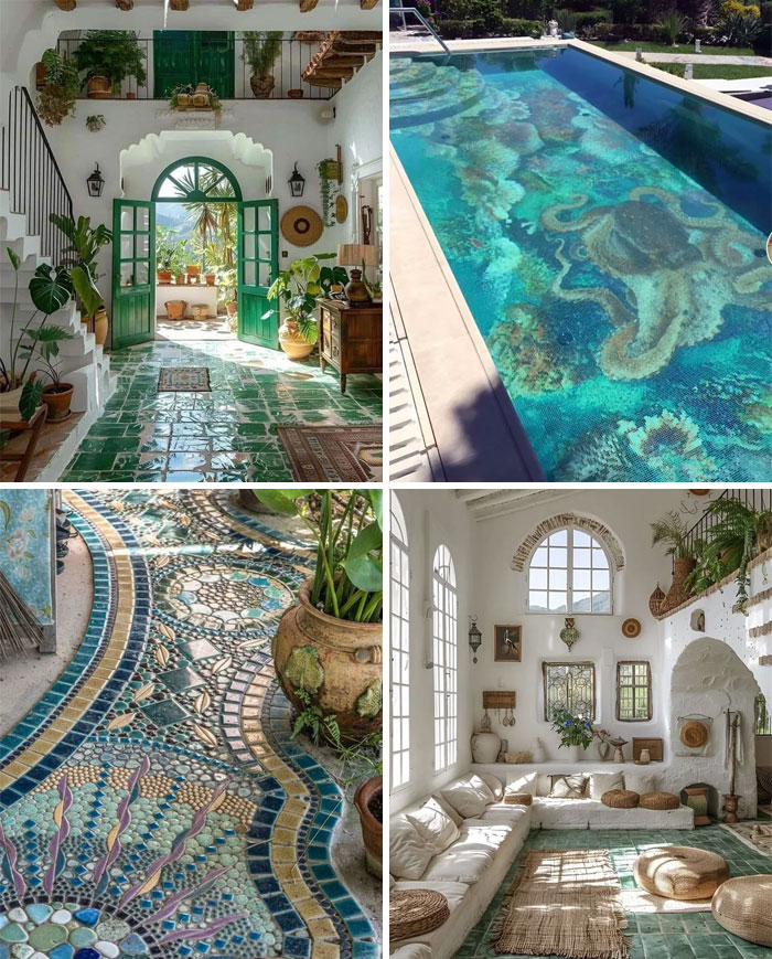 Collage of home corners featuring unique decorations with mosaic floors, cozy living spaces, and artistic pool designs.