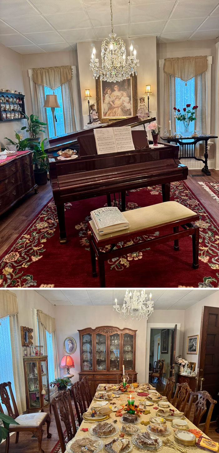 Cozy home corners featuring a decorated piano area and a formal dining table, showcasing proud home decorating details.