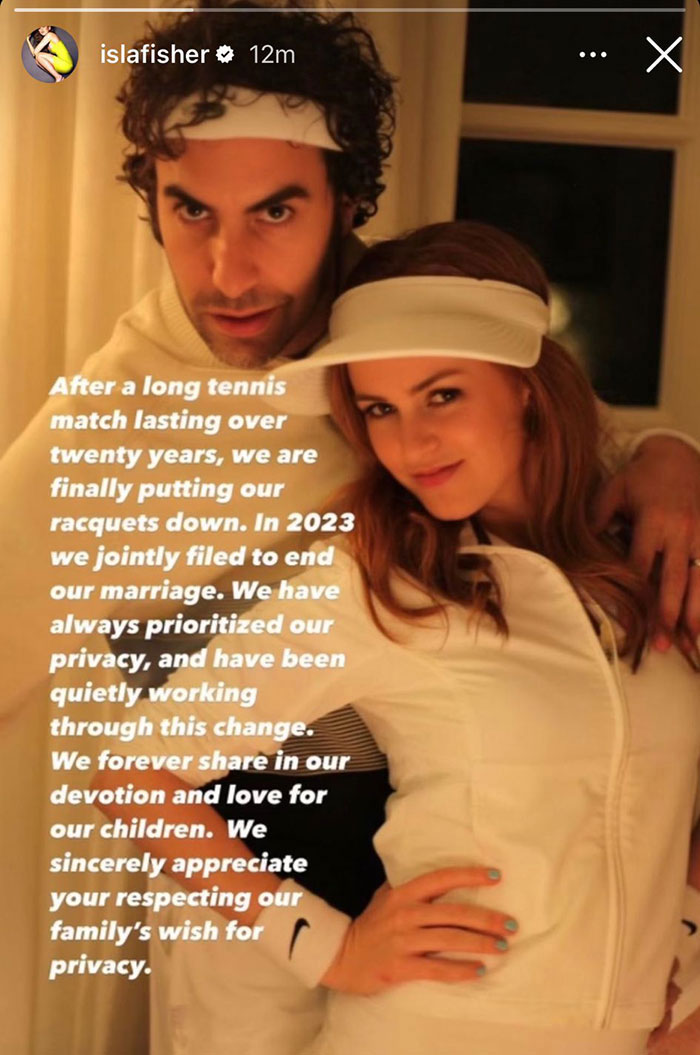 Isla Fisher and Sasha Baron Cohen in tennis outfits, addressing their split and the tough couple of years publicly. Isla Fisher and Sasha Baron Cohen in tennis outfits, addressing their split and the tough couple of years publicly.