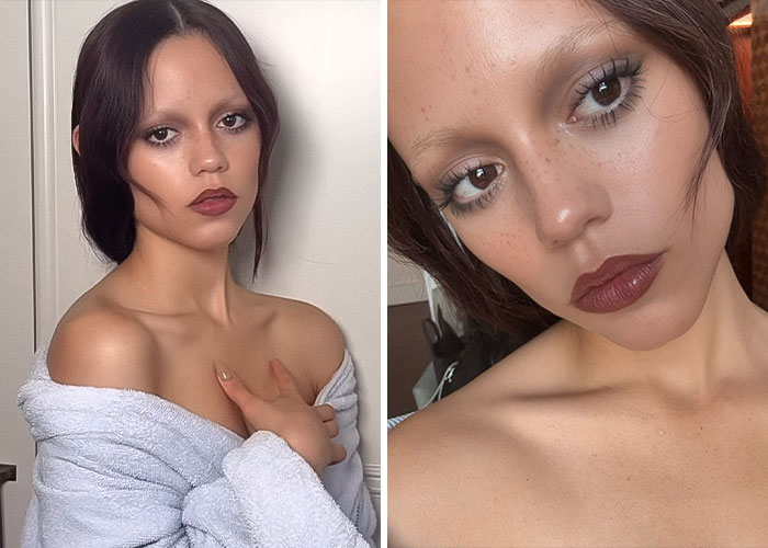 Jenna Ortega with dramatic makeup and styled hair, posing in a white robe and close-up selfie highlighting bold lipstick. Jenna Ortega with dramatic makeup and styled hair, posing in a white robe and close-up selfie highlighting bold lipstick.