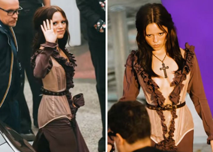 Jenna Ortega in edgy Wednesday outfit with ruffled details and cross necklace, sparking fans’ mixed reactions online. Jenna Ortega in edgy Wednesday outfit with ruffled details and cross necklace, sparking fans’ mixed reactions online.