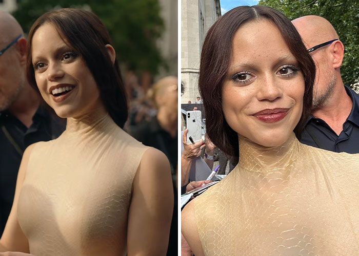 Jenna Ortega attending an event wearing a beige textured sleeveless dress, fans reacting to her Wednesday looks. Jenna Ortega attending an event wearing a beige textured sleeveless dress, fans reacting to her Wednesday looks.