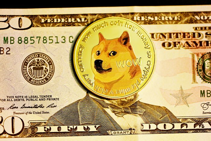Gold Dogecoin coin placed on a fifty-dollar bill, illustrating strange money-making hacks with cryptocurrency concepts.