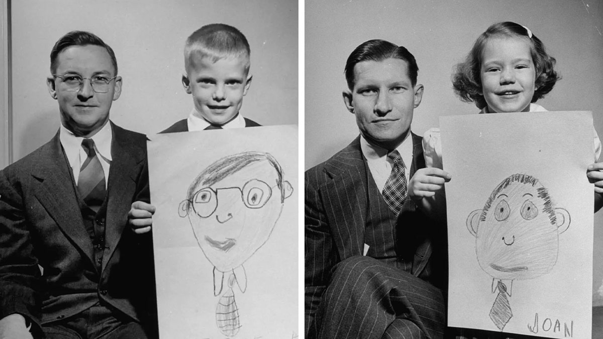 Two kids proudly show their drawings of their dads from memory in 1949, with unintentional hilarious results.