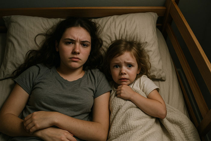 Teen and young child lying on bed looking upset, illustrating a teen removing ladder to block clingy niece conflict.