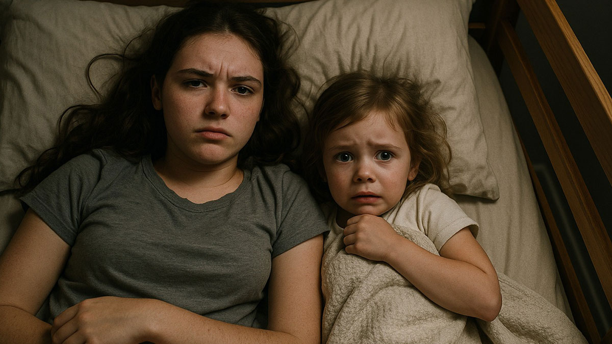 Teen and young child lying on a bed with serious expressions, illustrating bunk bed ladder removal conflict.
