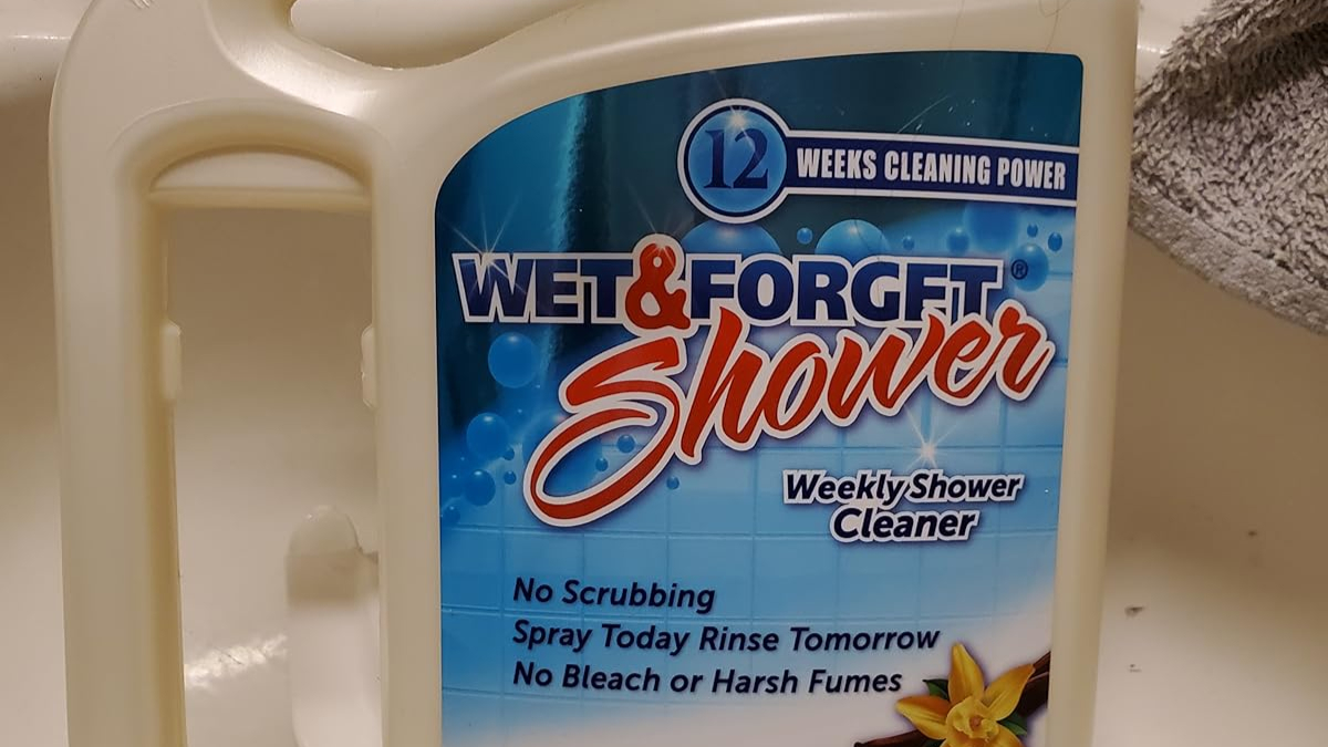 Wet and Forget Shower weekly cleaner bottle with no scrubbing and no harsh fumes, ideal for easy cleaning hacks.