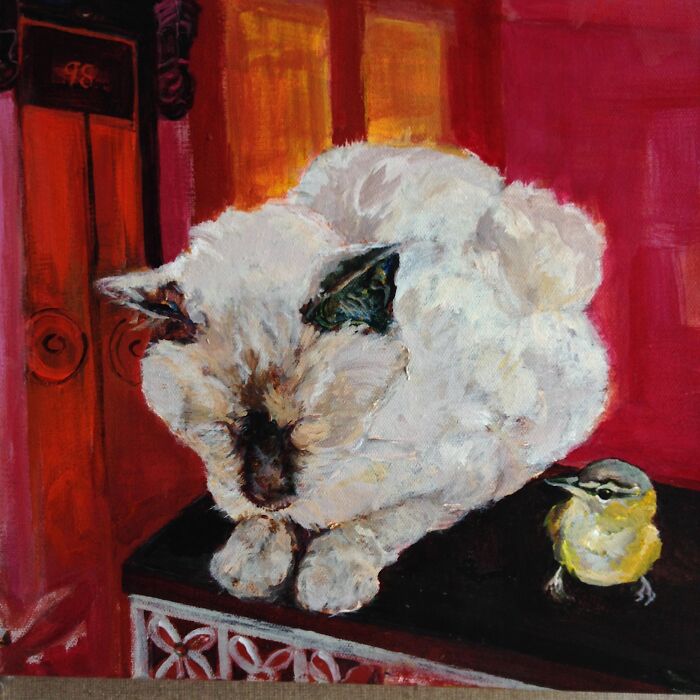 Oil painting pet portrait of a white cat with dark ears resting near a small yellow bird on a red and orange background.