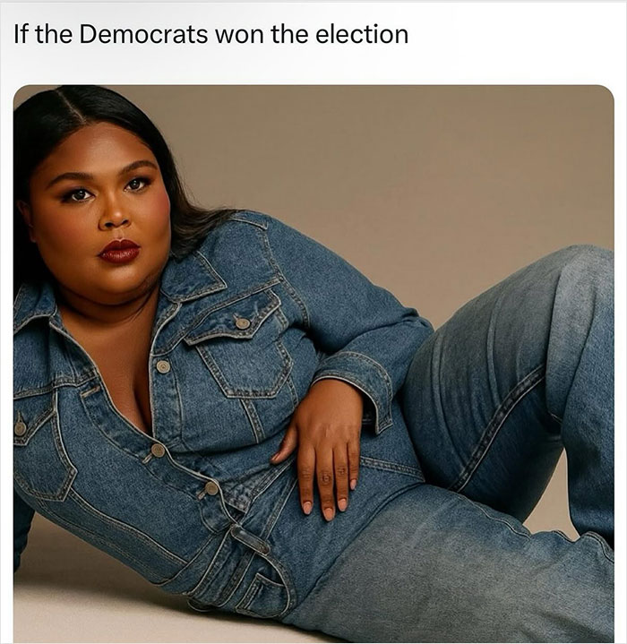 Lizzo in a denim outfit posing confidently, related to Lizzo Sydney Sweeney ad controversy parody. Lizzo in a denim outfit posing confidently, related to Lizzo Sydney Sweeney ad controversy parody.