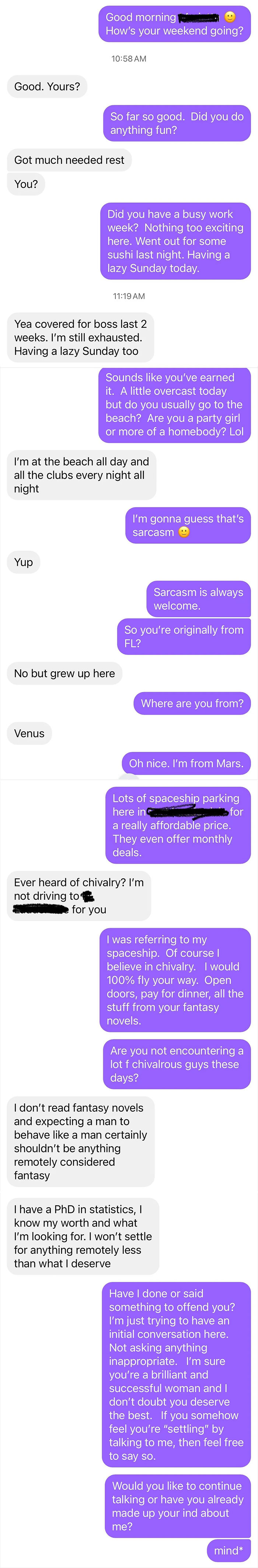 Text conversation highlighting delusional behavior from a woman who claims a PhD and high standards in relationships.