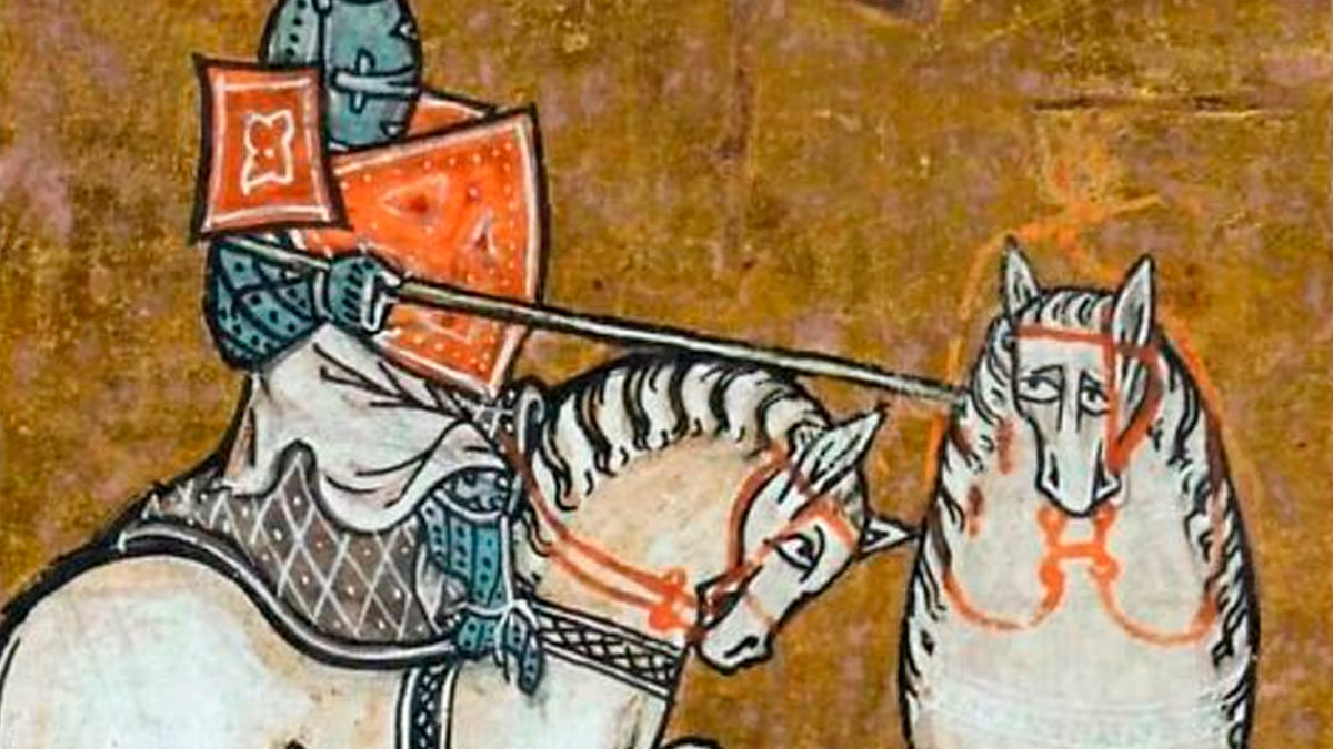 Medieval knight in armor on horseback with a lance and shield depicted in a humorous Middle Ages meme style.