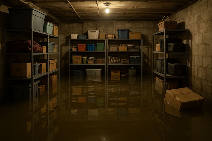 Basement flooded with sewage disaster water surrounding shelves and stored boxes in dimly lit room with concrete walls. Basement flooded with sewage disaster water surrounding shelves and stored boxes in dimly lit room with concrete walls.