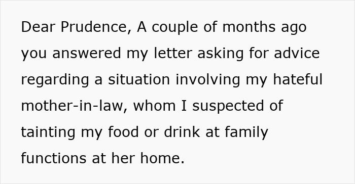 Text excerpt from a letter describing suspicion of mother-in-law poisoning wife’s food at family events. Text excerpt from a letter describing suspicion of mother-in-law poisoning wife’s food at family events.