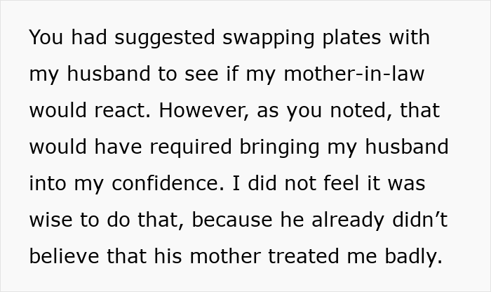 Alt text: Text discussing a wife’s concerns about her mother-in-law and husband not believing she is treated badly. Alt text: Text discussing a wife’s concerns about her mother-in-law and husband not believing she is treated badly.