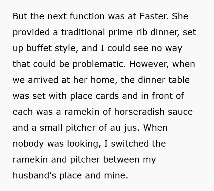 Text describing a man doubting his mom is poisoning his wife, then his wife proves him wrong by switching sauces at dinner. Text describing a man doubting his mom is poisoning his wife, then his wife proves him wrong by switching sauces at dinner.