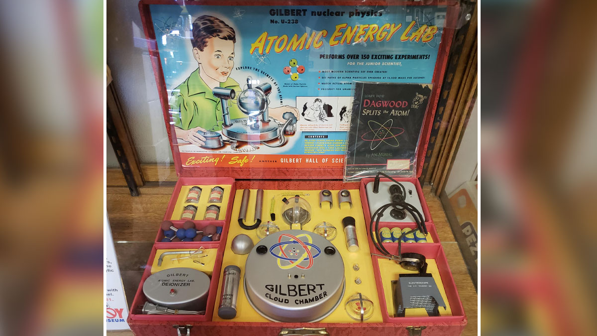 Vintage 1950s atomic energy lab science kit with cloud chamber and educational experiment tools displayed in a case