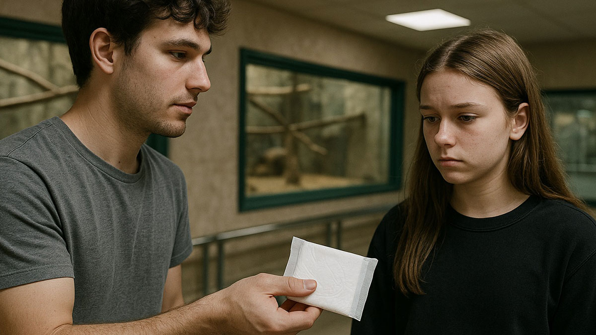 Young man offering sanitary pads to a girl with a serious expression, highlighting the controversy around carrying pads for daughters.