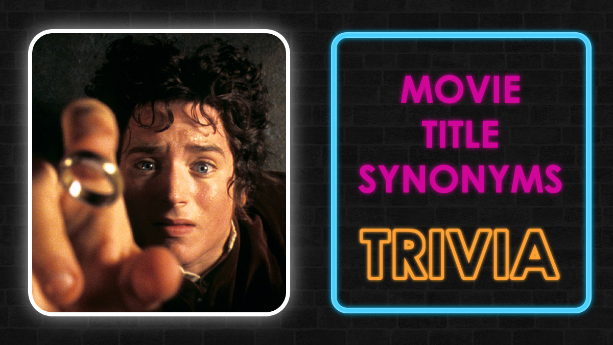 Close-up of a man holding a ring with neon text about movie title synonyms trivia on a dark brick background.