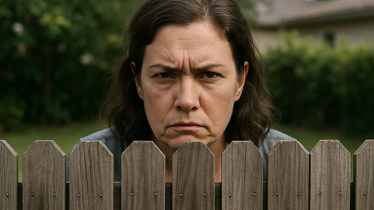 Angry homeowner standing behind wooden fence with a serious expression in a suburban backyard setting.