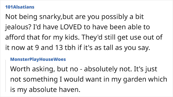 Woman frustrated that neighbor’s kids playhouse is bigger than her house and invades her privacy in garden setting Woman frustrated that neighbor’s kids playhouse is bigger than her house and invades her privacy in garden setting