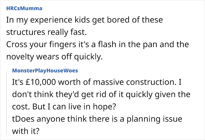 Woman frustrated about large playhouse for neighbor's kids impacting her privacy and overshadowing her house. Woman frustrated about large playhouse for neighbor's kids impacting her privacy and overshadowing her house.