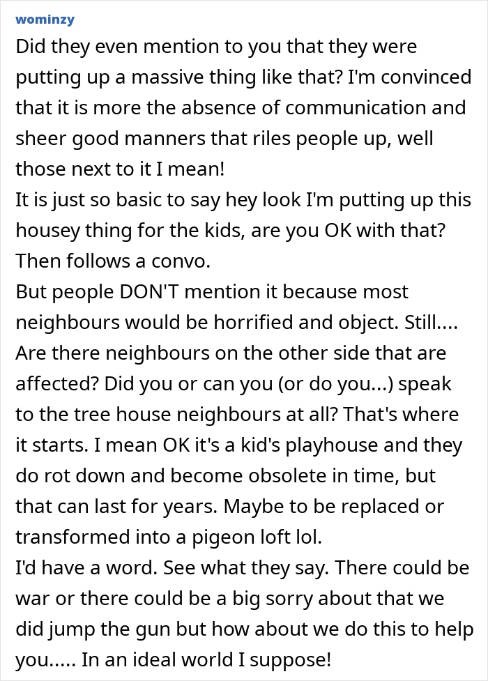 Woman frustrated about neighbor's kids' playhouse being bigger and reducing her privacy in the yard. Woman frustrated about neighbor's kids' playhouse being bigger and reducing her privacy in the yard.