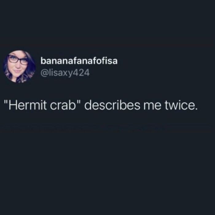 Social media post with user describing themselves as a hermit crab, relating to neurodivergence humor and memes.
